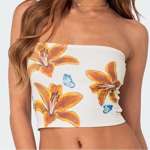 Edikted White Tube Crop Top with Orange Floral Print and Blue Accents